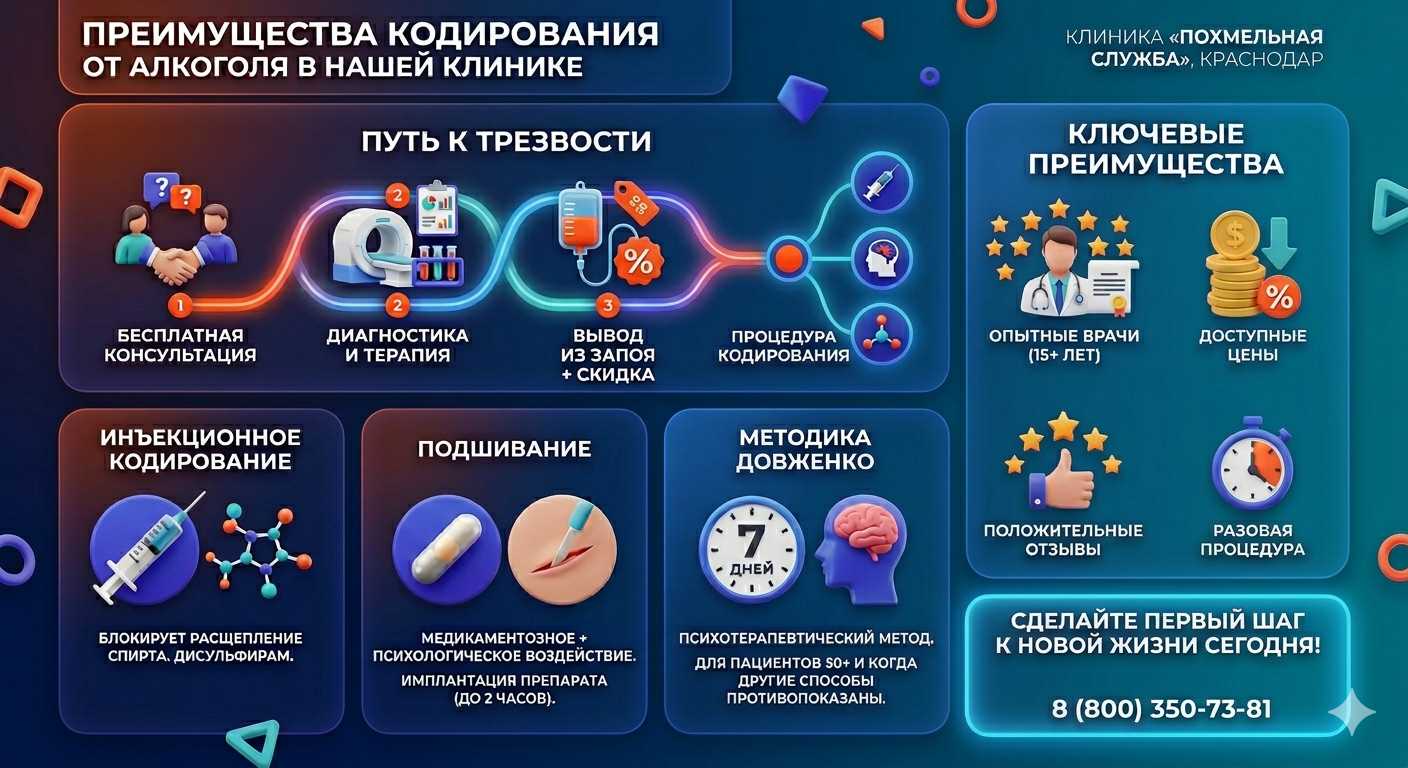 Инфографика о методах кодирования от алкоголя в Правдинском: инъекции, подшивание, метод Довженко. Преимущества клиники и этапы лечения.